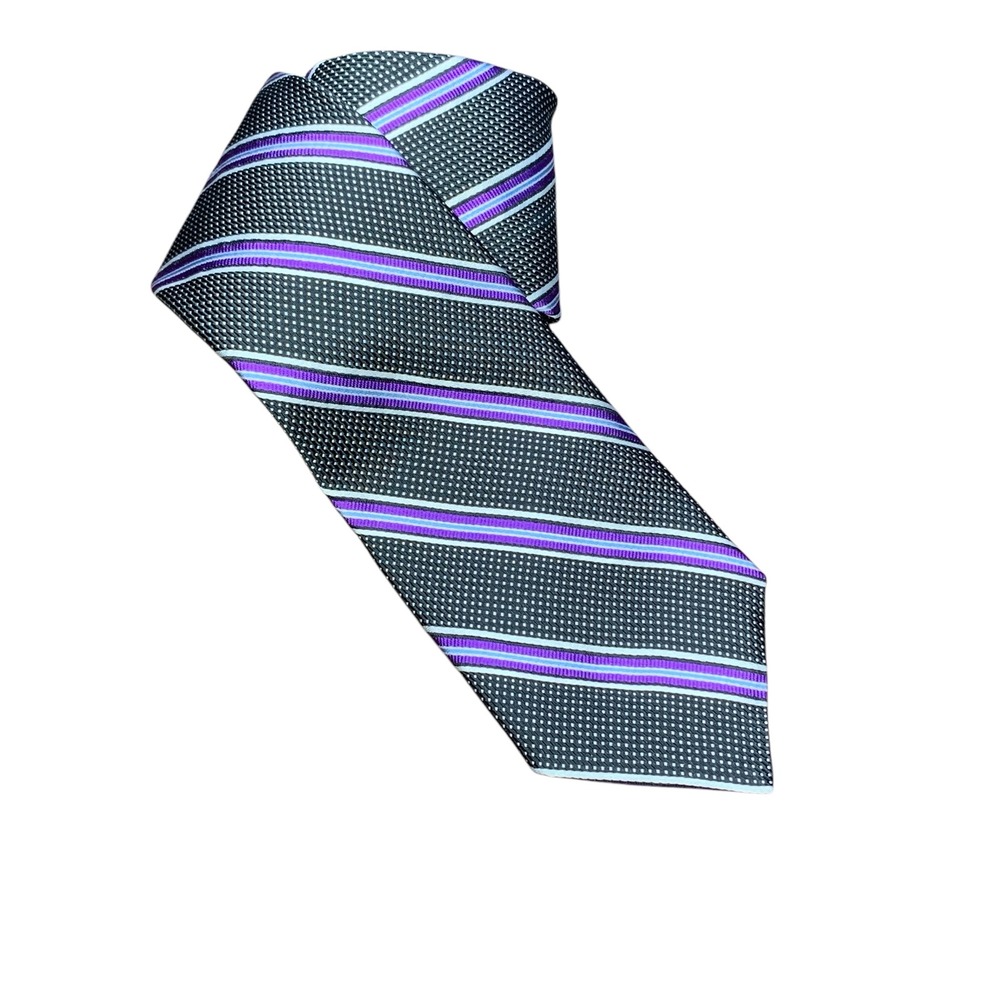 Cremieux 100% silk black white polka dot tie w stripes of purple white blue